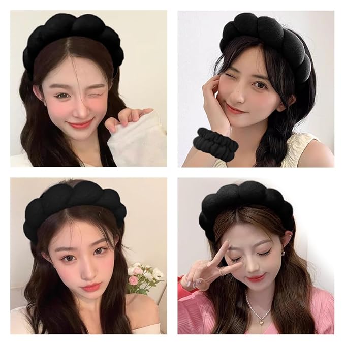 Spa Headbands for Washing Face Wristband Set Sponge Makeup Skincare Headband Wrist Towels Bubble Soft Terry Towel Cloth Hairband for Women Puffy Headwear Non Slip Thick Thin Hair Headwear (Black)