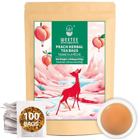 WT WEETEE Peach Herbal Tea Bags, Caffeine Free Tea Made with Rose Hip, Orange Peel, Hawthorn, Chamomile, Hibiscus & More, 100 Counts Peach and Herbs Good for Iced