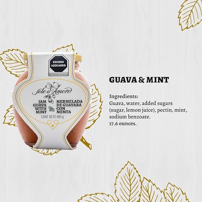 Gourmet Guava Jam with Mint 14 oz, Organic Fruit Preserves Jam, Natural Fruit Spread Mermelada de Guayava Perfect for Toast, Bagels, Breakfast, and Dessert