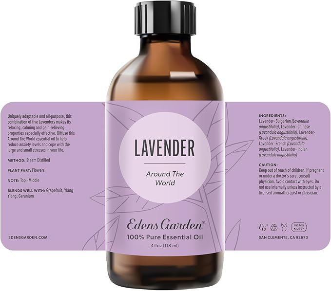 Edens Garden Lavender Around The World Essential Oil- 100% Pure Premium Grade, Undiluted, Natural, Therapeutic, Aromatherapy, The Best for Diffuser, Skin, Face, Candle 118 ml (4 fl oz)