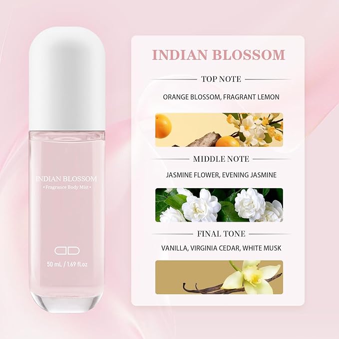 Body Mist Spray – Citrus & Floral Fragrance for Women – Daily Shower Mist & Refreshing Scent – 50ml Travel Size (INDIAN BLOSSOM)