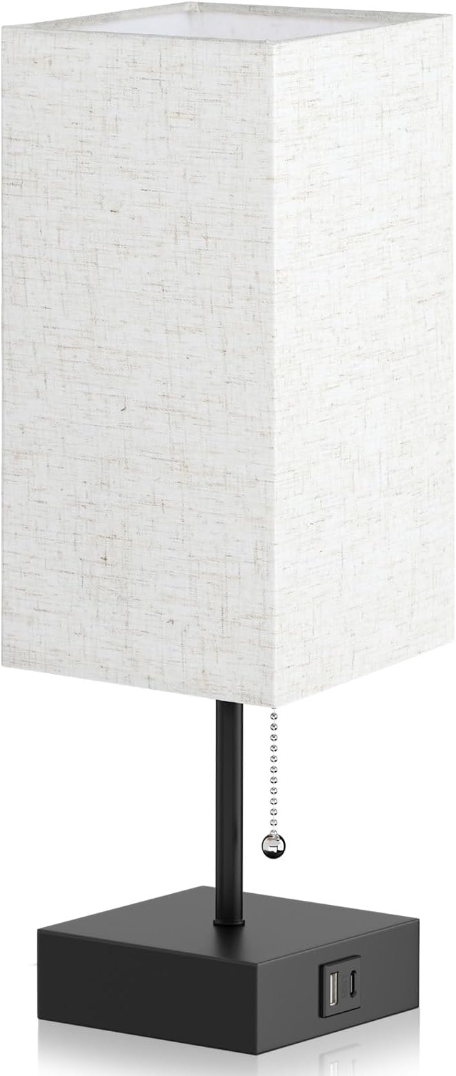 GGOYING Bedside Table Lamp, Pull Chain Bedroom Lamp with USB C+A Charging Ports, 2700K LED Bulb, Linen Lampshade, Nightstand Lamp for Living Room Bedroom Office