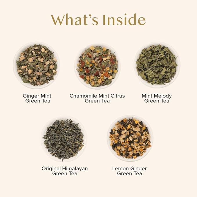 VAHDAM, Assorted Green Tea Bags Sampler (5 Flavors, 20 Ecofriendly Pyramid Tea bags) I Gift Ideas for Women & Men | Himalayan Green Tea Varieties | Gluten Free & Non GMO | Gift Ideas for Him/Her