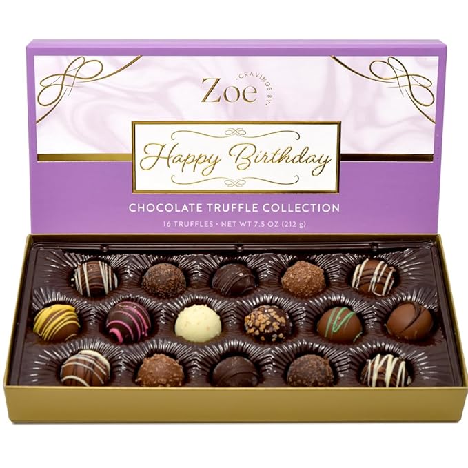 CRAVINGS BY ZOE Happy Birthday Chocolate Truffles Gift Box | 16 Count | Assorted Gourmet Milk & Dark Chocolate Candy Food Gift Basket | Birthday Gifts for Women & Men Mom Dad Kid Him Her Adult Family