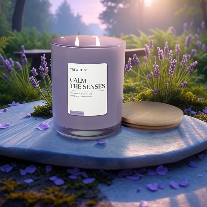 Carolina Calm The Senses Scented Candle, 16 oz Lavender & Fern Scented, 2 Wick Wellness Relaxing Candle, 60H Burn Time, Ideal for Creating a Welcoming Home - Made in The USA
