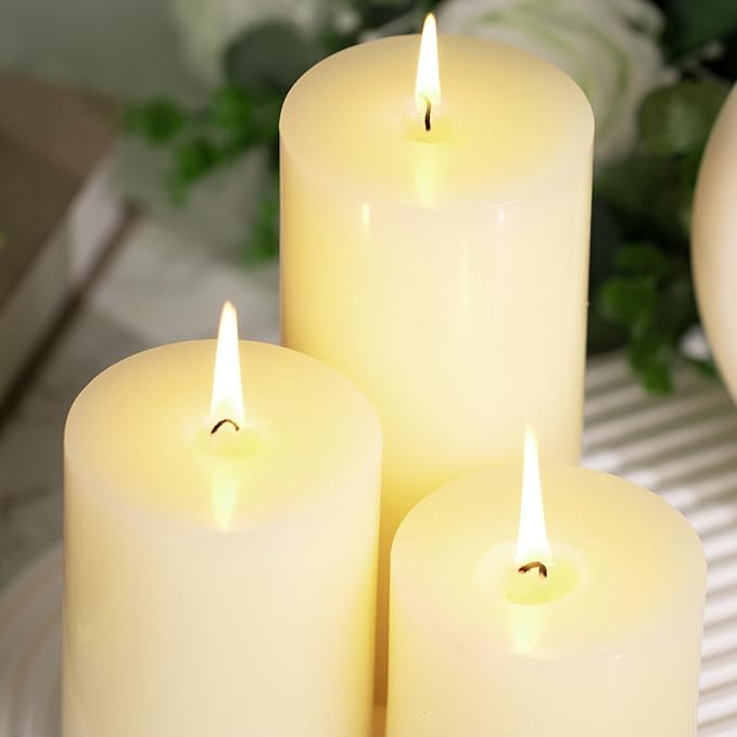 KONNI Ivory Pillar Candles Set of 3, 3"x 4" Unscented Pillar Candles Bulk, 39 Hours Long Burning Candles, Smokeless&Dripless Large Round Candle for Wedding, Home Decoration, Parties, Spas, Dinner
