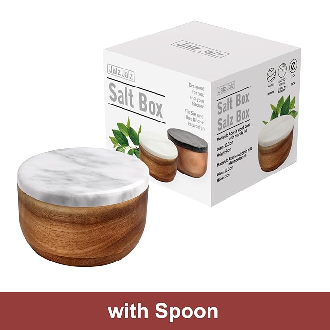 Large Wood Salt Box Salt cellar with Spoon Spice Salt Container salt holder Solid Natural Acacia Base White Grey Marble Lid Decorative Box Bowl Big Capacity Salt Cellar Spice Cellar