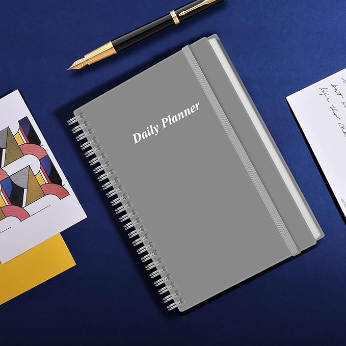 Daily Planner Undated - A5 To Do List Notebook Hourly Schedules, Spiral Appointment Planner for Women and Men, PVC Hardcover, Inner Pocket, Elastic Closure, 5.8" x 8.3", Grey