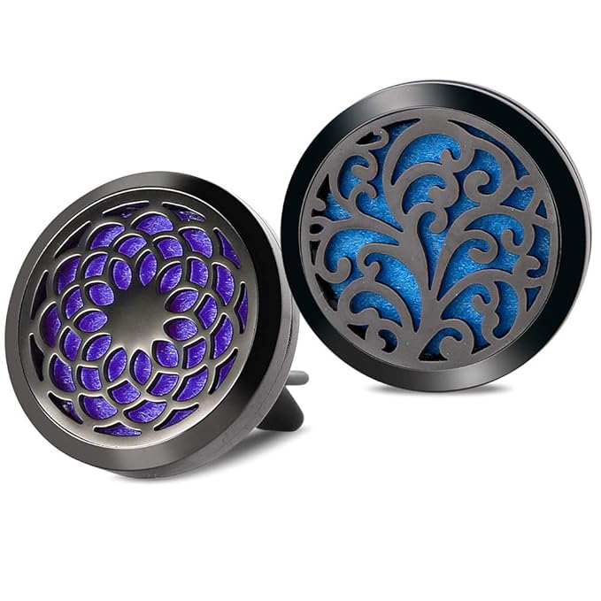 2PCS 30mm Car Aromatherapy Essential Oil Diffuser Stainless Steel Black Locket with Vent Clip 12 Felt Pads