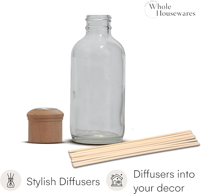 Whole Housewares Reed Diffusers for Home - Transparent Glass with Wooden Top - Elegant Empty Design - Ideal Bathroom Diffuser - 4 Pieces - Stable and Artistic Base - Oil Stick Diffuser - 4.9 x 1.9 in