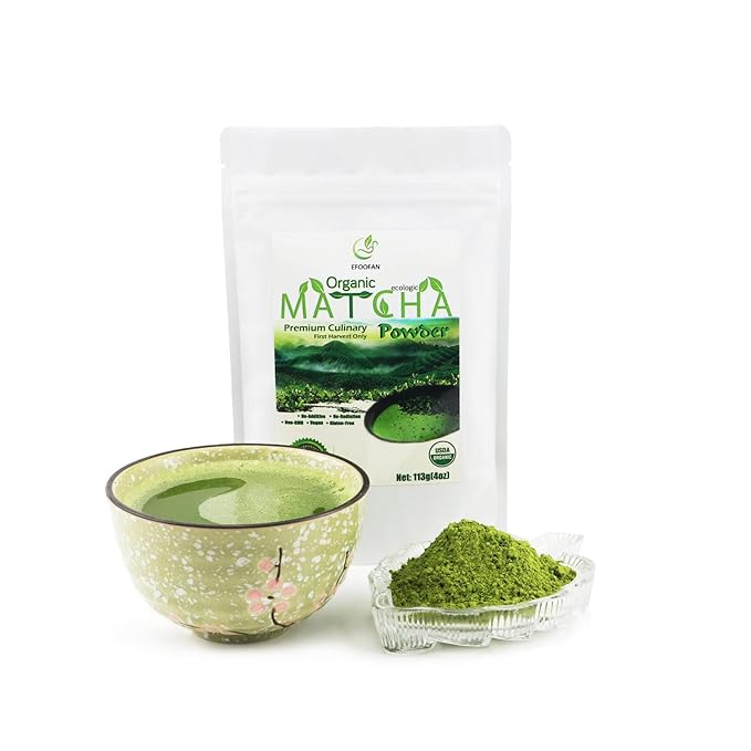 EFOOFAN Organic Matcha Green Tea Powder, Premium Culinary Grade(4oz), Japanese Tencha Tea Flavor, First Harvest, Te Macha Organico for Latte, Baking, Smoothie