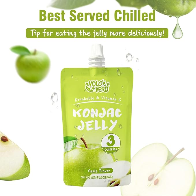 VOLO VERO Konjac Jelly Squeeze Pouch Apple Flavor, Low Calories (3 Kcal), 10 Packs, Gluten Free & Vegan, 0 Sugar, Keto, Low Carb, Drinkable Vitamin C Healthy Snacks, Holiday Gifts