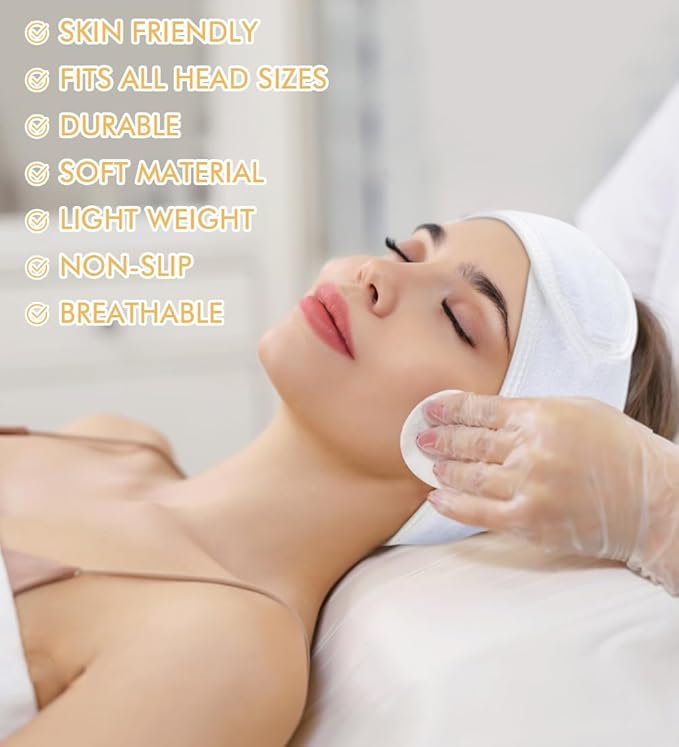 SINLAND Spa Headband for Women Ultra Soft Adjustable Makeup Hair Band with Magic Tape, Stretch Head Wrap for Bath, Shower, Facial Mask, Yoga