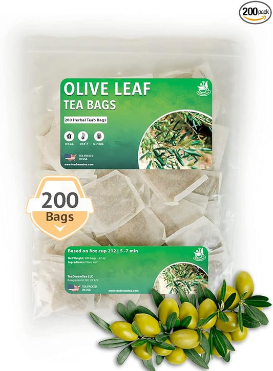 Olive Leaf Tea Bags – 200 Bags (Premium Dried Olive Leaf Tea - 200 Count), Natural Extract Caffeine-Free Herbal Tea for Health & Immune Support