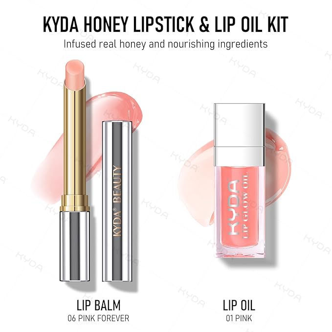KYDA Pink Honey Lipstick Kit, Includes Honey Lipstick Tinted Lip Balm and Lip Glow Oil, Sheer Natural Pink Lips Color with a Hydrating Oils Formula, for Smooth Dewy Finish
