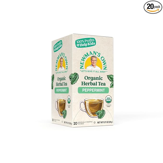 Newman's Own Organic Peppermint Tea Caffeine Free Refreshing Mint Herbal That May Aid Digestion with 20 Individually Wrapped Bags Per Box USDA Certified 2.8219 Ounce