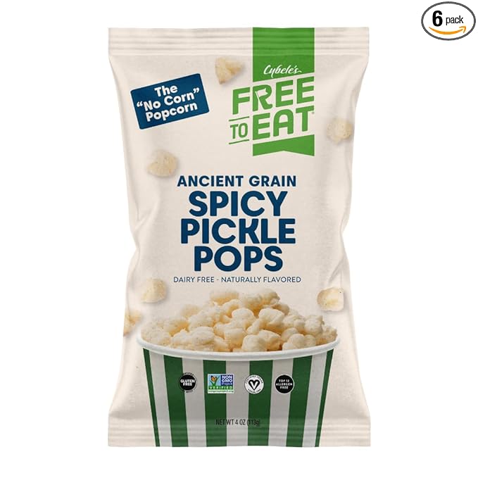 Cybele's Free-to-Eat Ancient Grain Pops - Healthy Snacks, All Natural, Gluten-Free, Vegan, No Preservatives or Additives (Spicy Pickle Pops 4oz, Pack of 6)