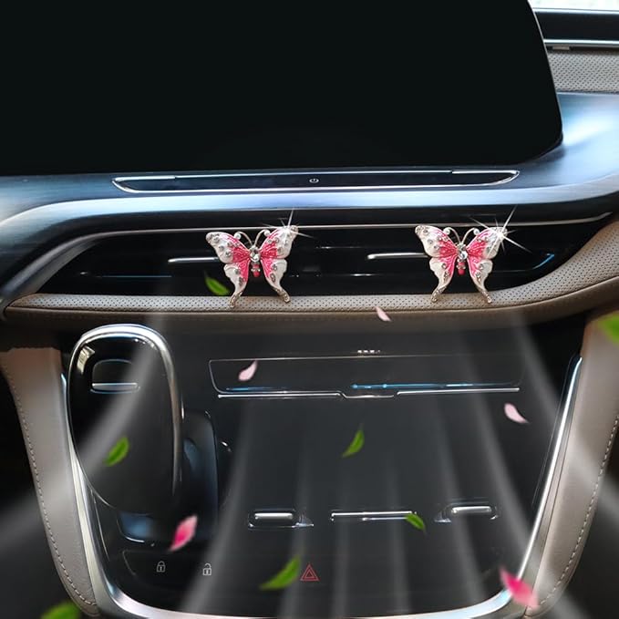2pcs Pink Butterfly Car Air Freshener Vent Clips Bling Car Accessories for Women Refillable Diffusers