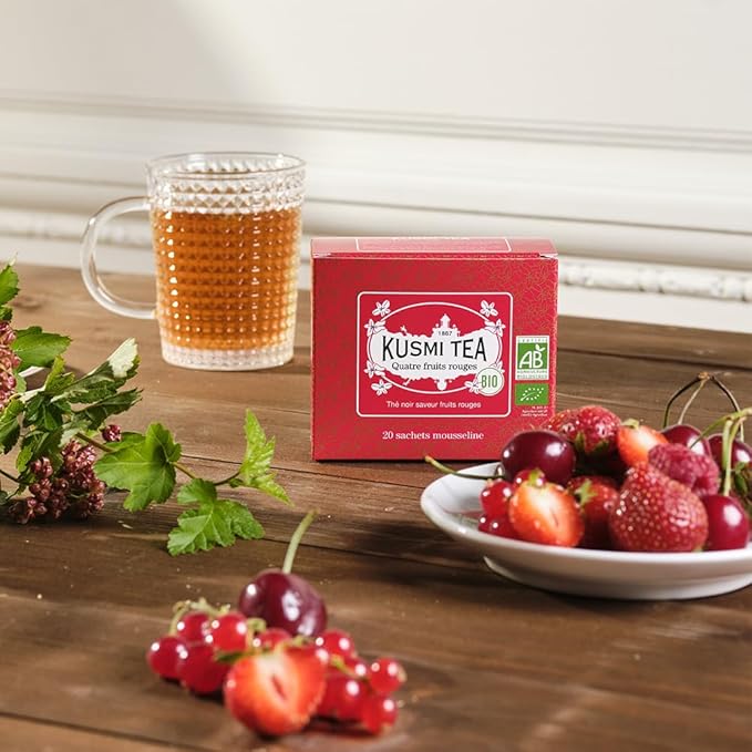 Kusmi Tea - Four Red Fruits - Organic Black Tea - Flavored with Strawberries, Raspberries, Redcurrants & Cherries - Smooth, Flavourful, Caffeinated Tea - 20 Tea Bags