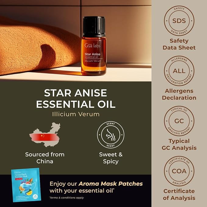 Gya Labs Star Anise Essential Oil - 0.34 Fl Oz - for Hair, Skin, Diffuser, Aromatherapy & DIY Candle Making Scent