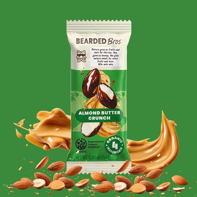 Bearded Brothers, Organic Vegan Protein Energy Bars, Almond Butter Crunch (10 Pack) - Gluten Free, Paleo, Fiber, Whole 30, Non GMO Low Glycemic Snacks (Packaging May Vary)