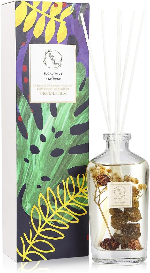 Reed Diffuser Set, Pretty Valley Home Diffuser 140Ml / 4.73 fl OZ Gift Box - Includes Reed Diffuser Sticks, Long Lasting Fragrance Oil and Glass Bottle for Office Living Room Decor (Eucalyptus)