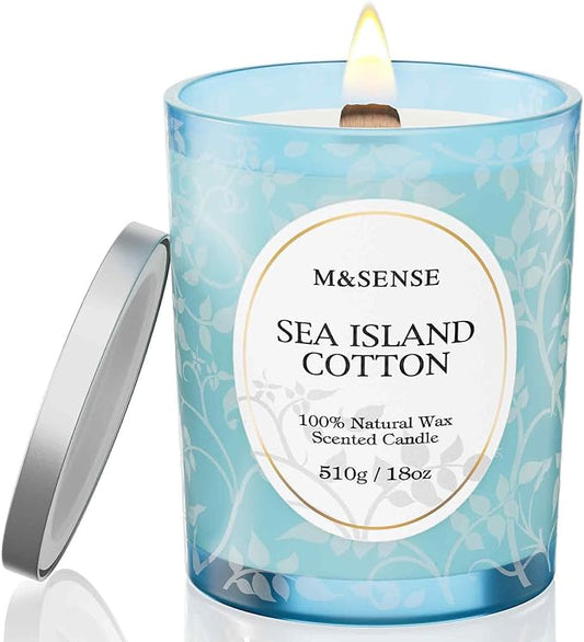 M&SENSE Sea & Cotton Scented Candle, Cracking Wooden Wick Soy Wax, 18oz 100 Hours Long Lasting Clean Burn, Large Summer Candles for Home Decor, Non-Toxic Relaxing Aromatherapy Gifts for Women