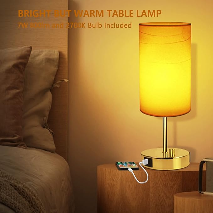 HiBay 17.75" H Dimmable LED Bedside Table Lamps Set of 2with USB Charging Ports & AC Outlet, Modern Gold Nightstand Lights for Bedroom, Office, Living Room, Kids Room, E26 Bulb Included