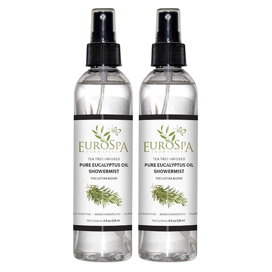 EuroSpa Aromatics Pure Eucalyptus Oil ShowerMist and Steam Room Spray, All-Natural Premium Aromatherapy Essential Oils - Tea Tree Infused, 8oz, 2 Pack