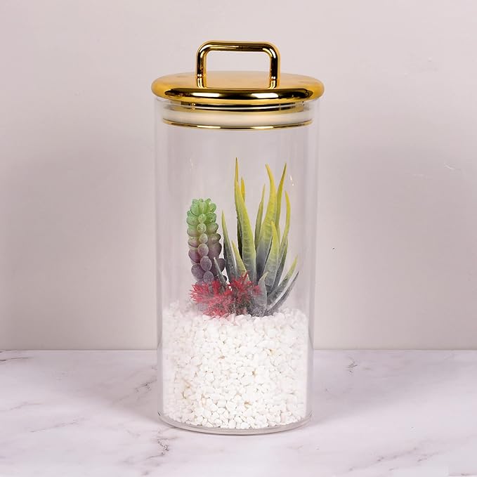 32 oz Large Acrylic Storage Apothecary Jar with Gold Airtight Lid | Bathroom Vanity Organizer Containers | Ideal Decorative Canisters for Shells, Bath Salt, Grains, Cotton Ball, Flossers