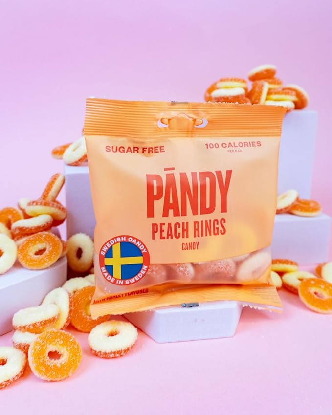 PANDY, Swedish Sugar Free Candy, Peach Rings (1.8 Ounce Bags, Pack of 4) - Diet Candy, Healthy, Keto Gummy, Low Calorie Sweets