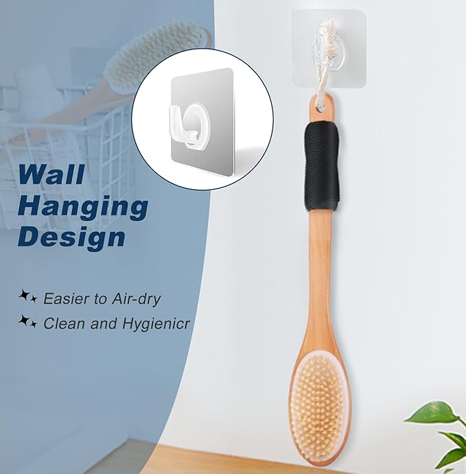 Long Handle Ergonomically Back Scrubber/Brush for Shower, Double Sided Exfoliating Body Scrubber for Women and Men (Black)