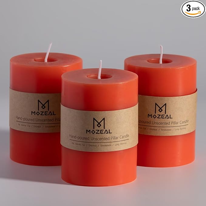 MOZEAL 3" x 4" Hand-Poured Unscented Candle, Dripless Pillar Candle Set of 3, Long Clean Burning, Approx 72 Hours Burn Time, Rustic Country Style, Wedding, Coral Charm, Home Decor, Living Coral