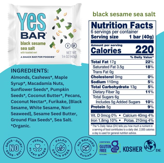 The YES Bar – Black Sesame Sea Salt – Plant Based Protein, Decadent Snack Bar – Vegan, Paleo, Gluten Free, Dairy Free, Low Sugar, Healthy Snack, Breakfast, Low Carb, Keto Friendly (24 Count)