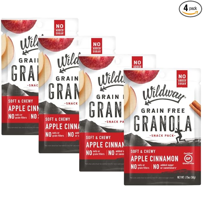 Wildway Keto Granola Snack Packs| Apple Cinnamon | Grain-Free Certified Gluten-Free Cereal | Vegan, Low Carb & No Sugar Added | Paleo-Friendly, Non-GMO Fruit & Nut Clusters | Nutrient-Rich | 4 Pack