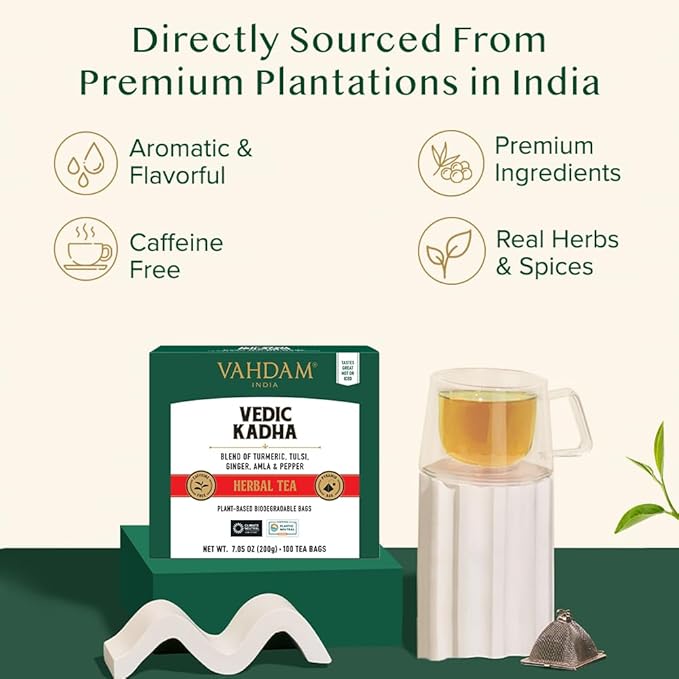 VAHDAM, Vedic Kadha Herbal Tea Bags (100 Ct) Caffeine Free, 100% Real Ingredients - Turmeric, Black Pepper, Amla, Tulsi, Ginger, Cloves | Pure Herbal Tisane - Earthy, Savory | Resealable Ziplock Pouch
