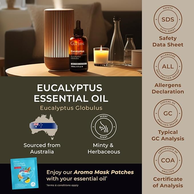 Gya Labs Eucalyptus Essential Oil - 4 Fl Oz - for Hair, Skin, Diffuser, Aromatherapy & DIY Candle Making Scent