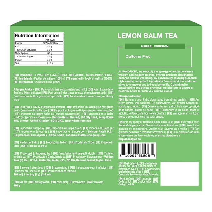 HANDPICK Lemon Balm Tea Bags – 100 Count | 100% Pure & Naturally Dried | Caffeine-Free Herbal Tea with Citrus Flavor & Aroma | Premium Lemon Balm Leaf for Calming and Digestion Support