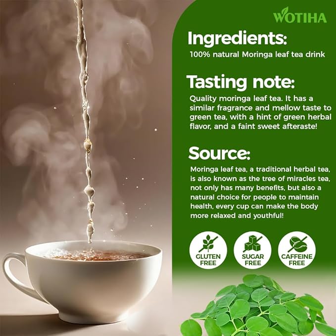 WOTIHA-Natural Moringa Leaf Tea 120g. 60 Herbal Tea Bags.100% Natural & Pure from Moringa Leaves,Non-GMO • Additive-Free • Caffeine-Free • Sugar-Free • Vegan