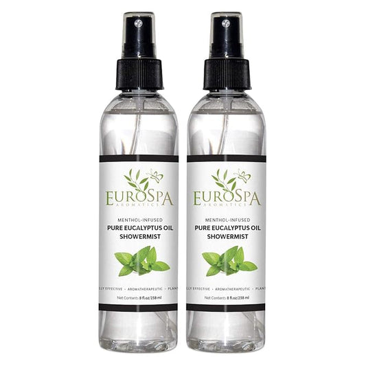EuroSpa Aromatics Pure Eucalyptus Oil ShowerMist and Steam Room Spray, All-Natural Premium Aromatherapy Essential Oils - Menthol Infused, 8oz, 2 Pack