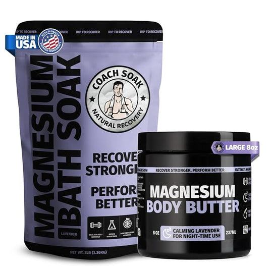 Coach Soak Recovery Bath Soak & Nighttime Magnesium Body Butter Bundle - Calming Lavender Scent - 3lb Bath Salts & 8oz Body Cream with Essential Oils, Magnesium & Shea Butter
