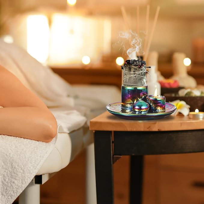 uxcell Incense Burner, 4 in 1 Ceramic Incense Holder Santo Holder Ash Catcher & Candle Holder Decorative Bowl for Meditation Stick Aromatherapy Yoga, Colorful