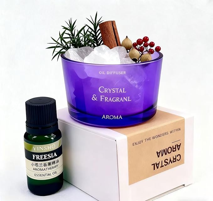 Stone Essential Oil Diffuser Set | Non Electric, Cordless & Waterless Passive Aromatherapy Diffuser with Creative Cup & Mini Plant | for Home, Office Desk, Meditation & Relaxation in Purpl