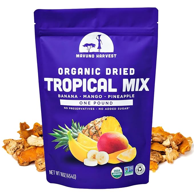 Mavuno Harvest Tropical Mix Dried Fruit Snack | Unsweetened Organic Mixed Dried Fruit | Gluten Free Healthy Snacks for Kids and Adults | No Sugar Added, Vegan, Non GMO | 1 Pound Resealable Bag