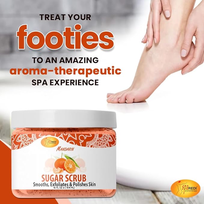 SPA REDI – Sugar Body Scrub, Mandarin, 16 Oz, Exfoliating, Moisturizing, Hydrating and Nourishing, Glow, Polish, Smooth and Fresh Skin - Body Exfoliator