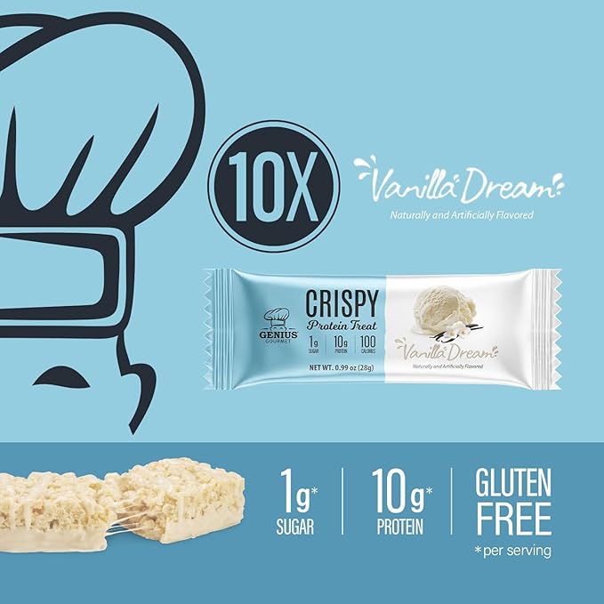 Genius Gourmet Crispy Protein Treat, Vanilla Dream, Keto Snack, Low Carb, Low Sugar & Gluten Free, Protein Snacks for Adults, 10G of Whey Protein per Protein Bar, 5 Net Carbs, On The Go Snack, 10 CT
