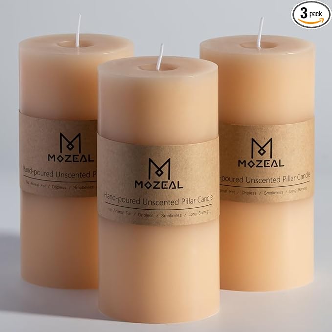 MOZEAL 3" x 6" Hand-Poured Unscented Candle, Dripless Pillar Candle Set of 3, Long Lasting Burning, Approx 120 Hours Burn Time, Rustic Country Style, for Elegant Affairs, Neutral Harmony, Beige