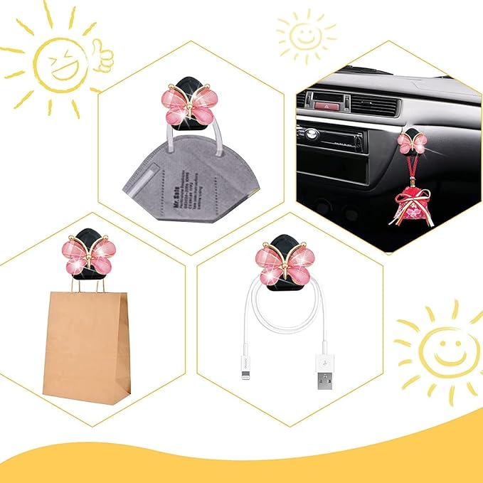 Black Heart & Bear Air Vent Clips, 4 Pcs Bling Heart Car Air Fresheners Diamond Car Diffuser Car Interior Decor Charm Cute Car Accessories Car Decoration for Women + Cute Butterfly Mask Hook