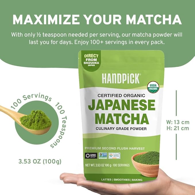 HANDPICK Japanese Organic Matcha Green Tea Powder (100 Servings) - Authentic Premium Second Flush Harvest | Resealable Ziplock Pouch