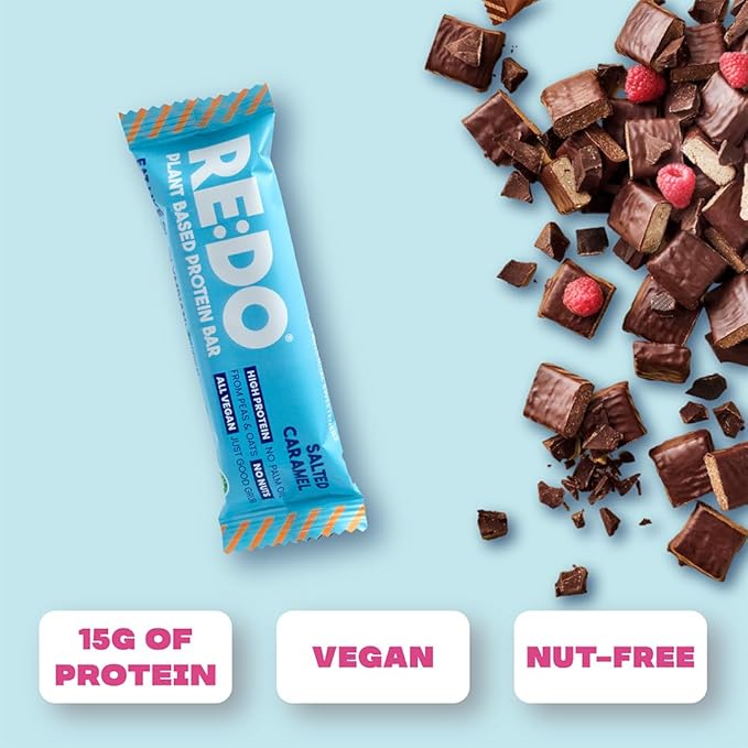 RE:DO Plant based Protein Bars I Swedish Salted Caramel 2.1oz bars I 15g Vegan Protein, Nutrition Protein Bars I High Protein Recovery Bars, No Palm oil I (9 count) (Large, Salted Caramel)